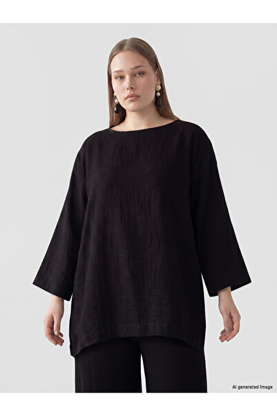 LC Waikiki Vizyon New Season Black Plus Size 100% Cotton Blouse