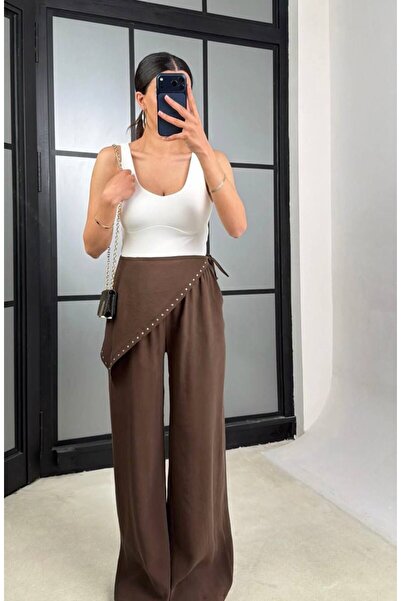 Olbia Women's Brown Tencel Pants with Elastic Waist and Bandana Detail