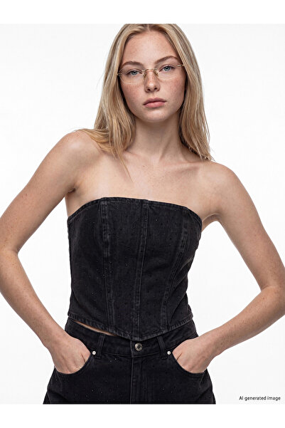 LC Waikiki Black Strapless Collar Stoned Crop Jean Blouse
