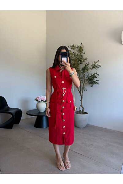 Bade Butik Red Belted Denim Dress
