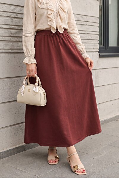 Modamorfo Elastic Waist Lace Detailed Pocketed Tencel Skirt - Burgundy