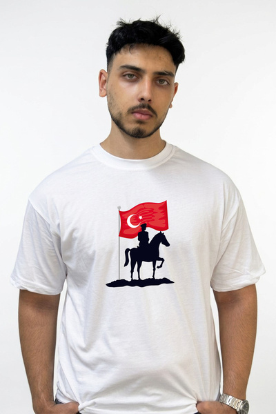 Anetos Ataturk Flag Design Printed Oversize White T-Shirt
