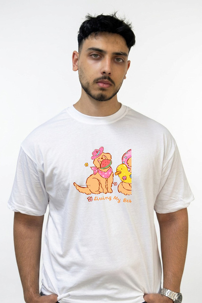 Anetos Golden Retriever Watermelon Design Printed Oversize White T-Shirt