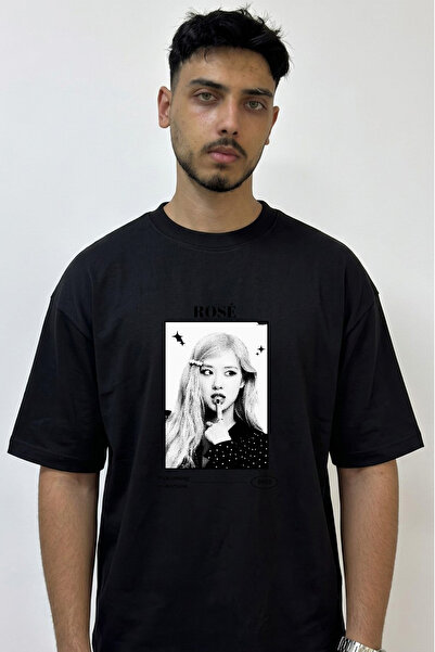 Anetos Rose Design Printed Oversize Black T-Shirt