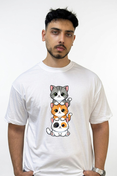 Anetos Kawaii Cats Design Printed Oversize White T-Shirt