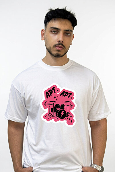 Anetos Apt Drum Set Design Printed Oversize White T-Shirt