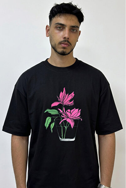 Anetos Pink Flower Illustration Design Printed Oversize Black T-Shirt