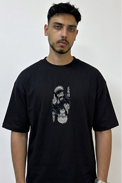 Anetos Gojo Satoru_55 Design Printed Oversize Black T-Shirt