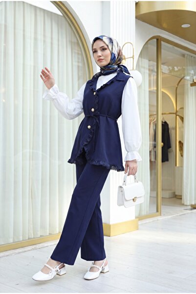 Modamorfo Lace Detailed Belted Vest and Trousers Double Crepe Set - Dark Blue