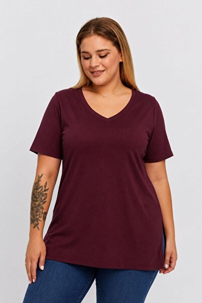 Seamoda Plus Size V-Neck Slit Cotton Basic Tshirt-Bordo