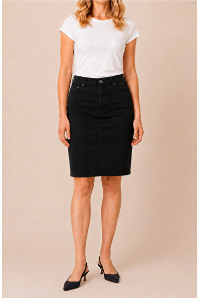 TugsatTasarTekstil Women's High Waist Black Summer Denim Skirt Midi Length Gr...