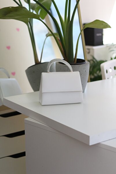 Moom Bag Women's White Leather Evening Dress Shoulder Bag with Stone Detail