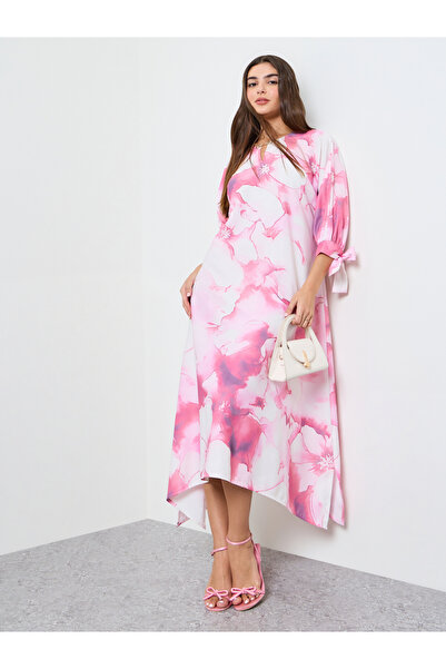 Styli Pink Placement Print 3/4th Sleeves Kaftan Midi Dress