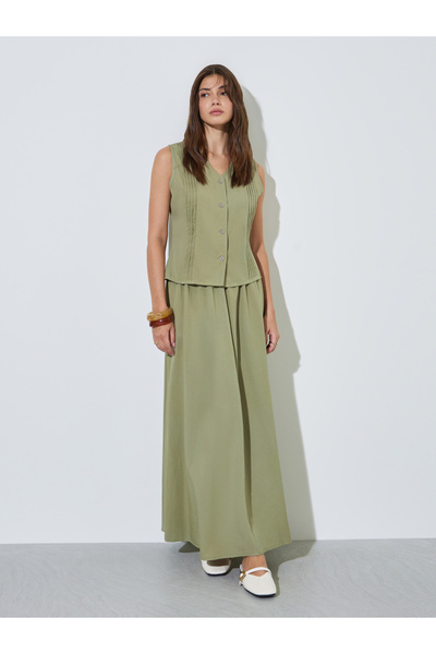Styli Green Pintuck Detail Top and A-Line Maxi Skirt Set