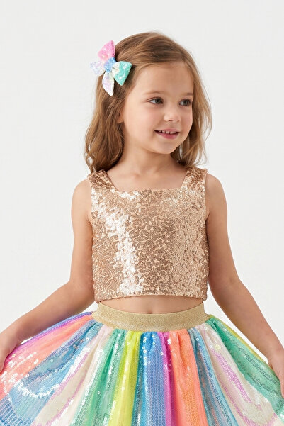 Le Mabelle Gold Square Collar Sequined Sleeveless Crop Blouse for Girls - Cintia