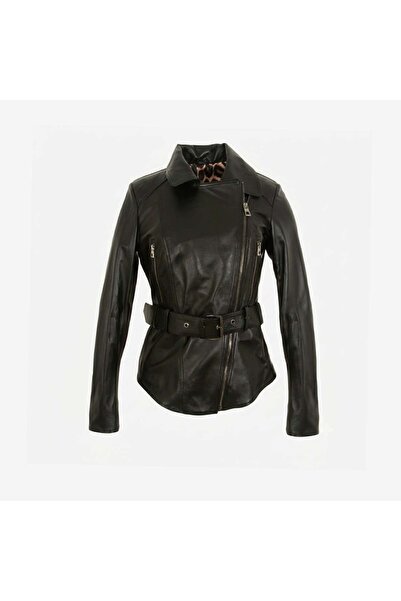 KEMAL TANCA Women's Belted Double-Breasted Collar Zippered Genuine Leather Co...