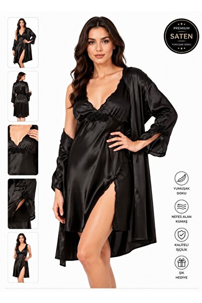 El Major Satin Bridal Dressing Gown Nightgown Set with Flower Detail, 2-Piece...