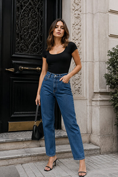 sion jeans Lacimom High Waist Gathering Comfort Boyfriend Casual Wear Comfort...