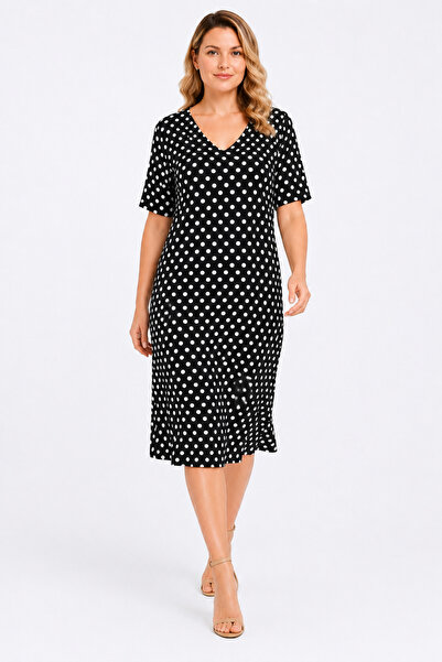Şans Women's Plus Size Black, Polka Dot Pattern, Short Sleeve, V-Neck Dress 6...