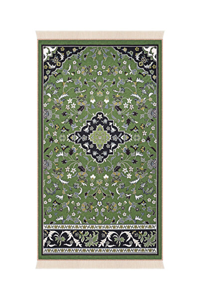 Bursa İpek Green Ravza Pattern Velvet Carpet Prayer Mat