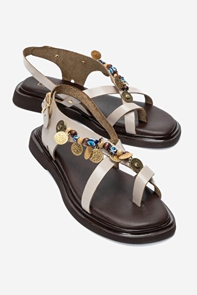 LuviShoes Sandale HUSH din piele naturală crem, cu mărgele, pentru femei