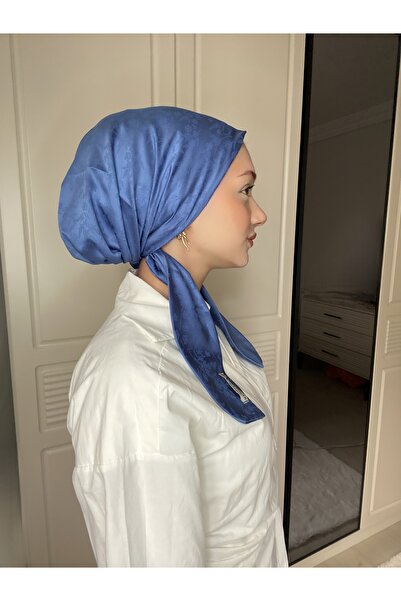 Anatolye Mavi Desenli Jakarlı Eşarp Bone - Kaymaz Terletmez (Kaymayan)