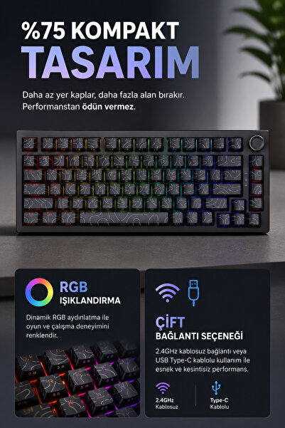 Coverzone White Switch 75% Mekanik Klavye RGB Dual Mode Bluetooth Kablolu Win...