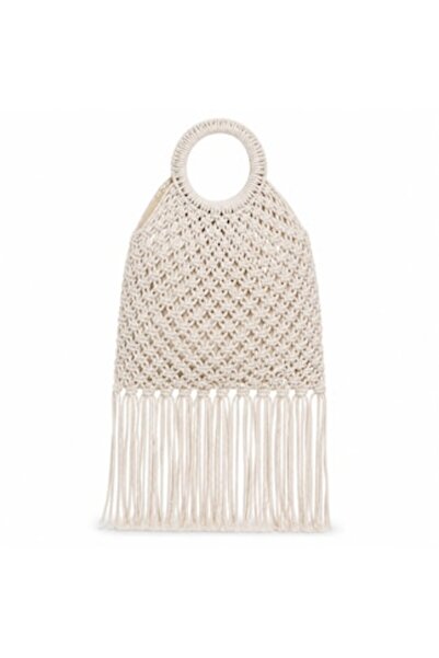 SHOPIENS Geantă de mână din macrame bej pentru femei, cu mânere rotunde din l...