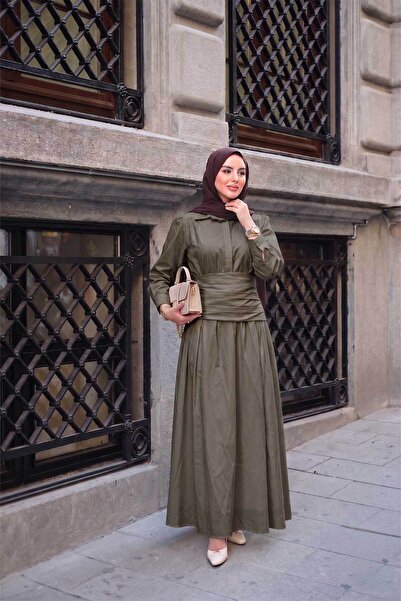 LOCCO Women's Hidden Button Detail Skirt Layered Poplin Suit Khaki Green