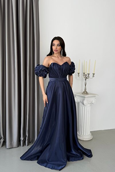 Serica Moda Lacivert Straplez Kalp Yaka Balon Kollu Organze Abiye Elbise