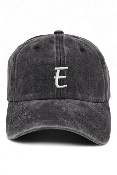ŞapkaMania Black Embroidered Washable Vintage Unisex Hat with Letter E