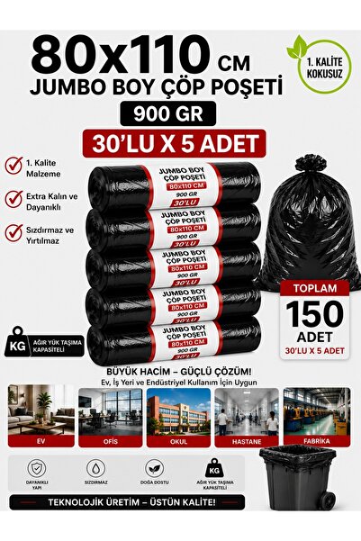 New City 80x110 cm 120 Litre Jumbo Boy Çöp Torbası 150 Adet Siyah Dayanıklı E...