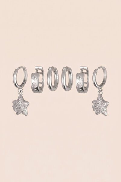 Hetra Silver Color Steel Zircon Stone Star Figured 6-Piece Hoop Earring Set