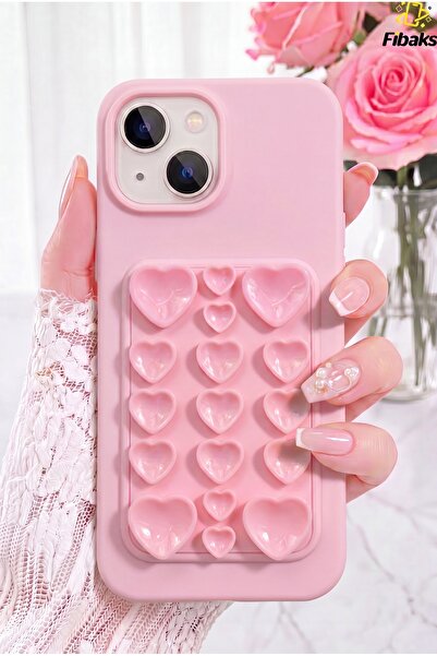 Fibaks iPhone 13/14/15 Kılıf Kendinden Vakumlu Kalp Desenli Soft Silikon Tele...