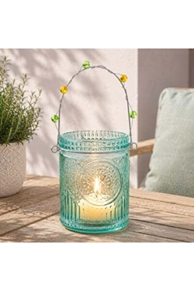 SHOPIENS Felinar decorativ din sticlă verde mentă cu mâner Ø7.5 x 10 cm