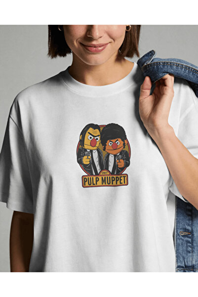 buzagi tasarım ürünleri Pulp Muppet Unisex White Oversize T-Shirt