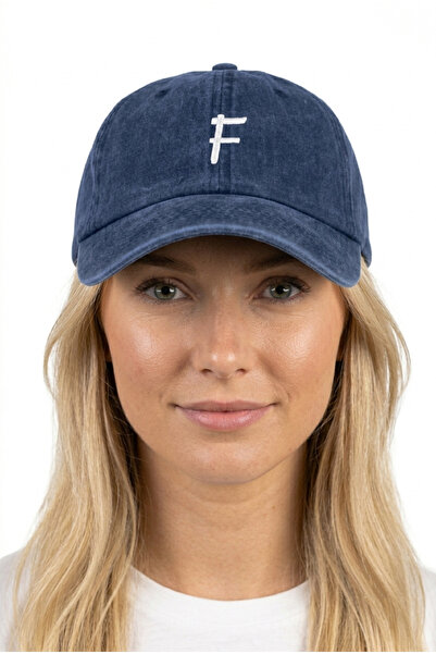 ŞapkaMania Letter F Navy Blue Embroidered Washable Vintage Unisex Hat