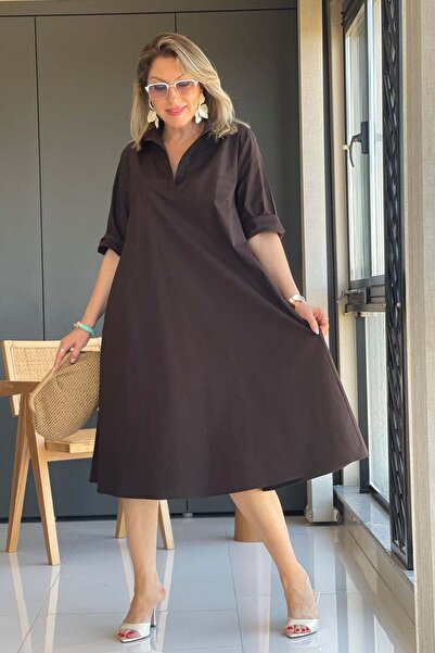 MİSLİNA BUTİK Acı Kahve Oversize Poplin Elbise