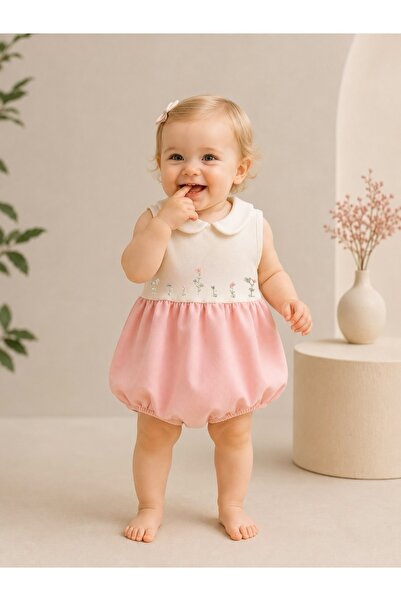 Mama Miel Baby El İşlemesi Papatyalı ve İnci Detaylı Kız Bebek Pembe Romper T...