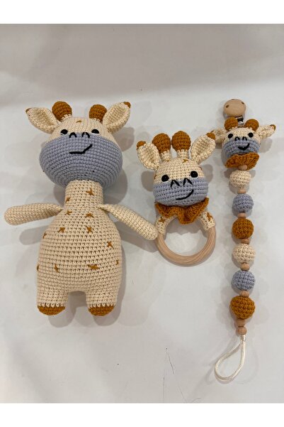 TOIVOS El Örgüsü Zürafa Set | Amigurumi + Çıngıraklı Diş Kaşıyıcı + Emzik Zin...