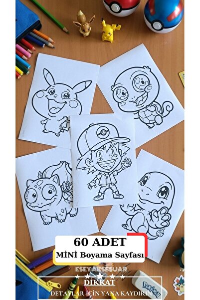 Esey Dizayn Pokemon Karakterlerinin Komik Karikatür Hallerini Boyama Seti - 6...