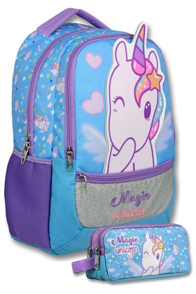 ÜMİT ÇANTA (Purple - Turquoise) Girls' Magic Unicorn Printed Primary School B...