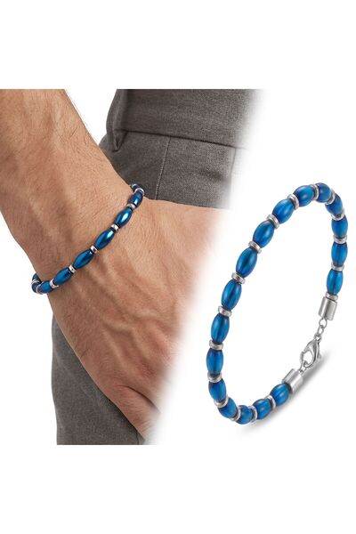 OGHAMAY Barley Cut Blue and Silver Hematite Natural Stone Adjustable Steel Ch...