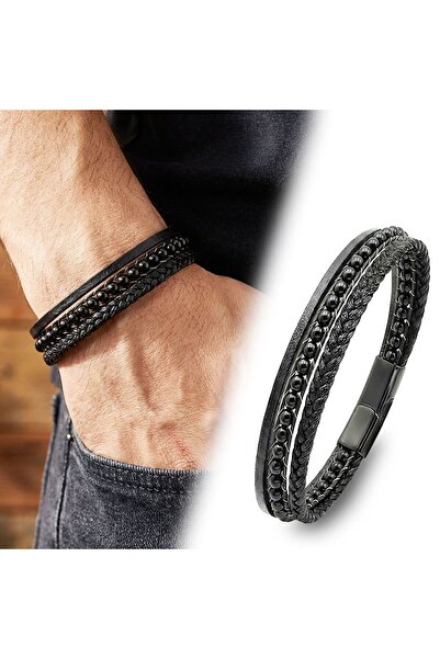 OGHAMAY Shiny Onyx Stone 316L Steel Locking Multi-Layer Braided Leather Men's...