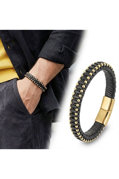 OGHAMAY Syah Leather and Yellow Drop Steel Chain Bracelet 18394B1D2-4