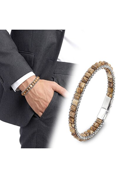 OGHAMAY Odun Jasper Natural Stone Wicker Mesh Chain Men's Steel Bracelet 1839...