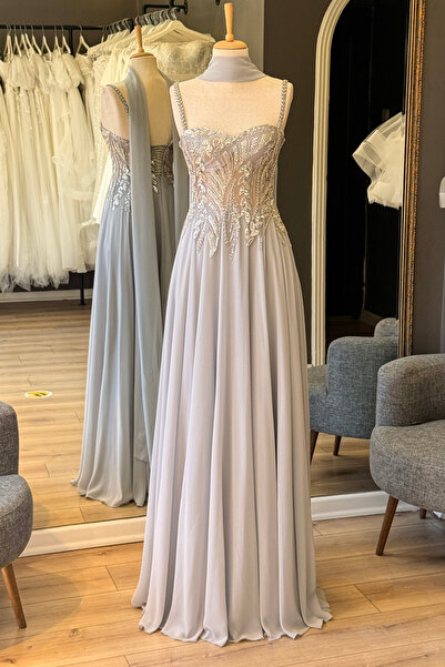 Lenta Moda Gri Yaprak Desen Dantel Detaylı Şal Hediyeli Şifon Abiye Ve Gece E...