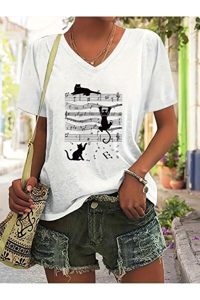 Deocept Women's Heart Printed V-Neck Sleeves Regular Fit Comfortable T-Shirt