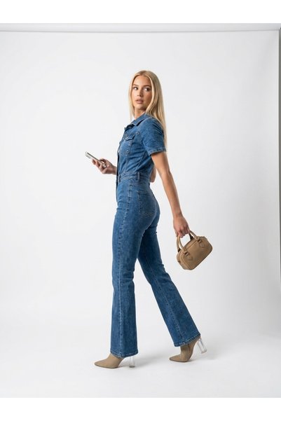 SHEVEGA Blue Spanish Flared Short Sleeve Denim Jumpsuit