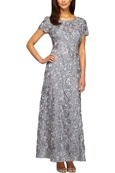 Alex Evenings Women's Rosette Long A-Line Dress, Dove, Size 10
